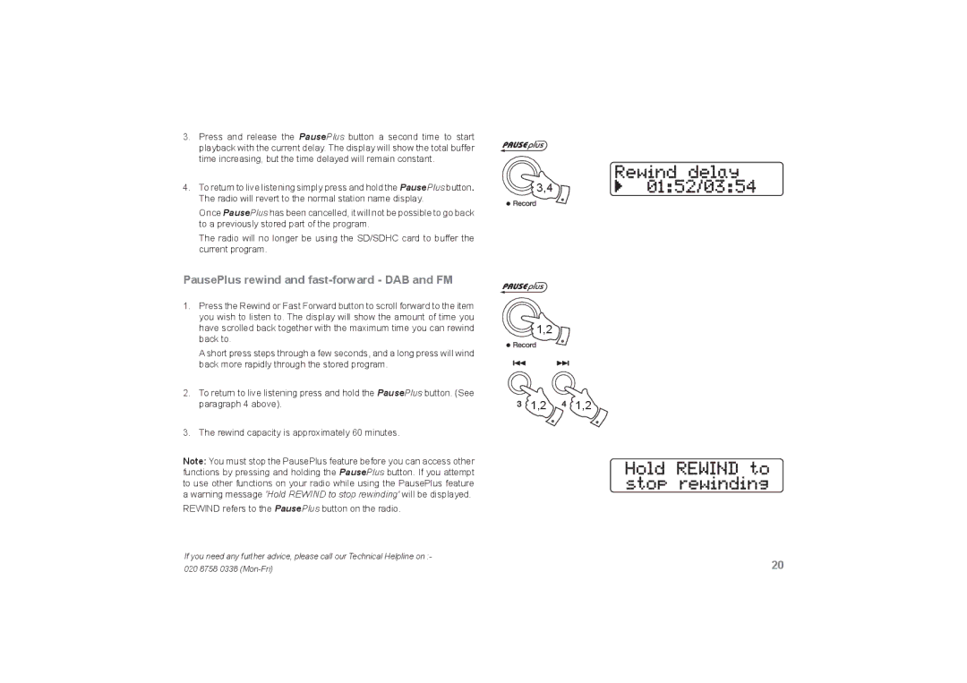 Roberts Radio RecordR manual PausePlus rewind and fast-forward DAB and FM 