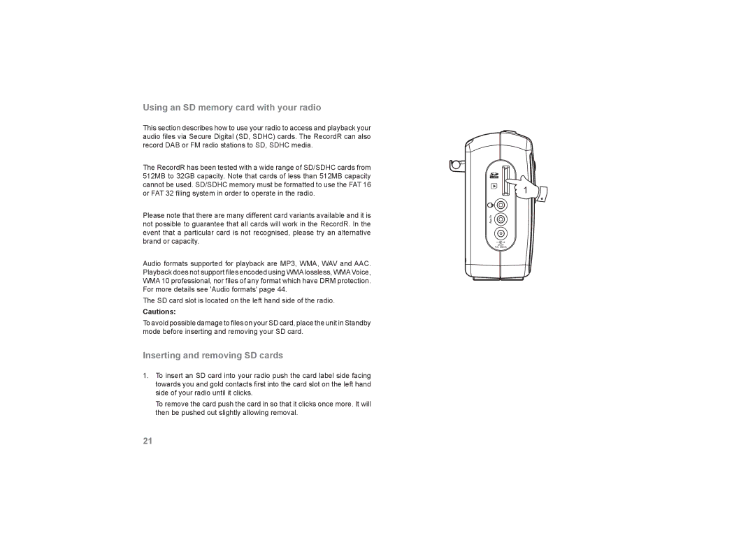 Roberts Radio RecordR manual Using an SD memory card with your radio, Inserting and removing SD cards 