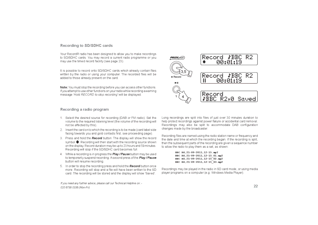 Roberts Radio RecordR manual Recording to SD/SDHC cards, Recording a radio program 