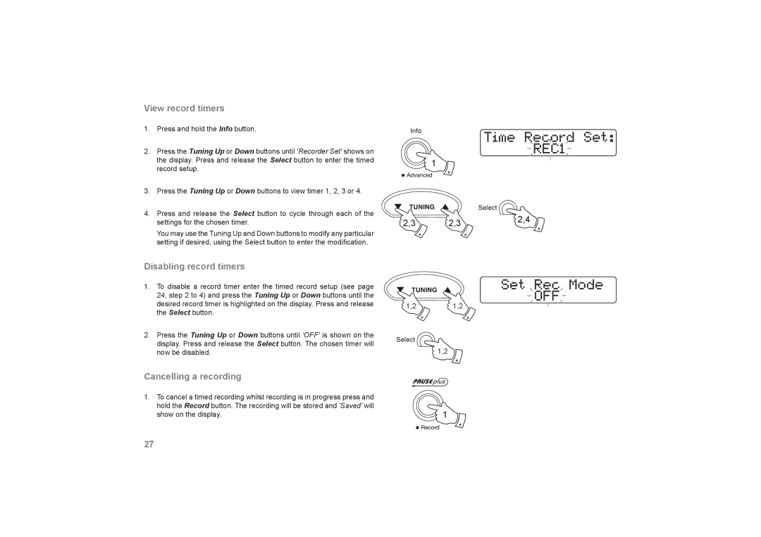 Roberts Radio RecordR manual View record timers, Disabling record timers, Cancelling a recording 