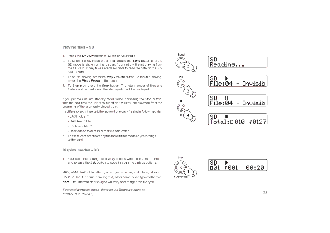 Roberts Radio RecordR manual Playing ﬁles SD, Display modes SD 