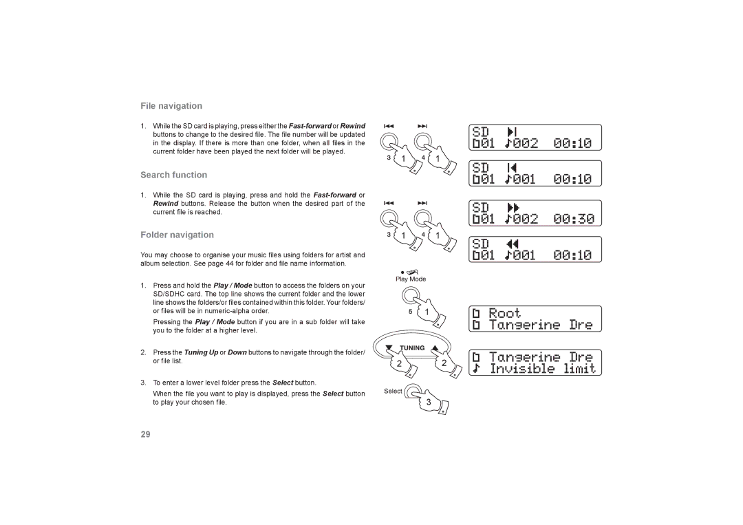 Roberts Radio RecordR manual File navigation, Search function, Folder navigation 