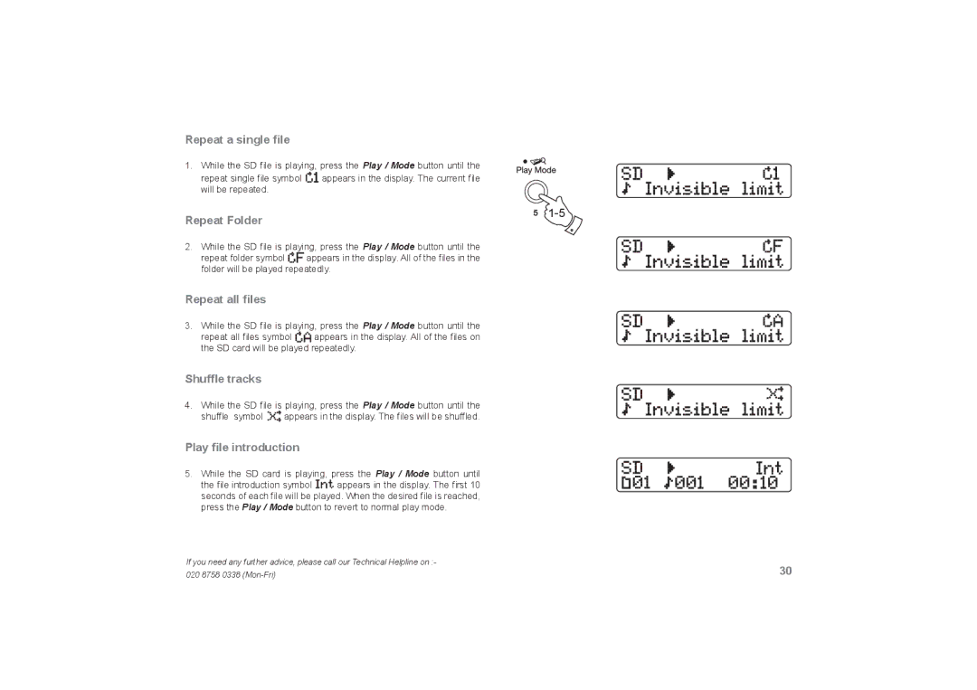 Roberts Radio RecordR manual Repeat a single ﬁle, Repeat Folder, Repeat all ﬁles, Shufﬂe tracks, Play ﬁle introduction 