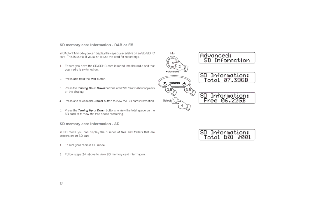 Roberts Radio RecordR manual SD memory card information DAB or FM, SD memory card information SD 