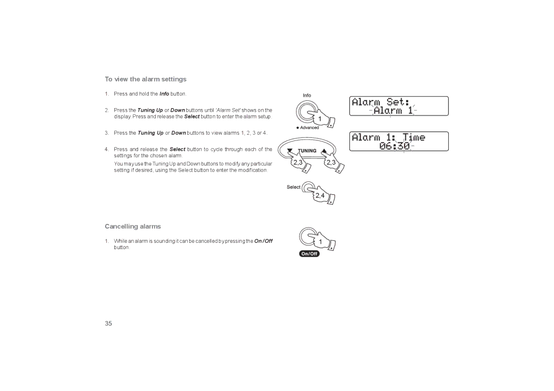 Roberts Radio RecordR manual To view the alarm settings, Cancelling alarms 