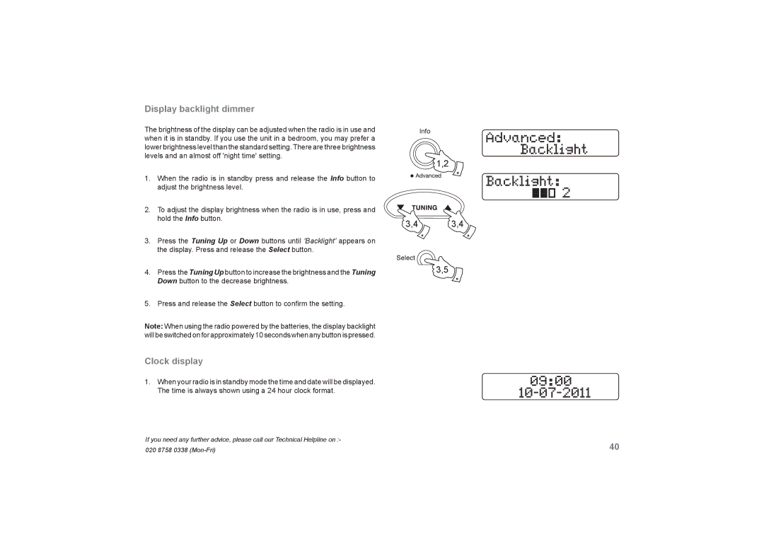 Roberts Radio RecordR manual Display backlight dimmer, Clock display 