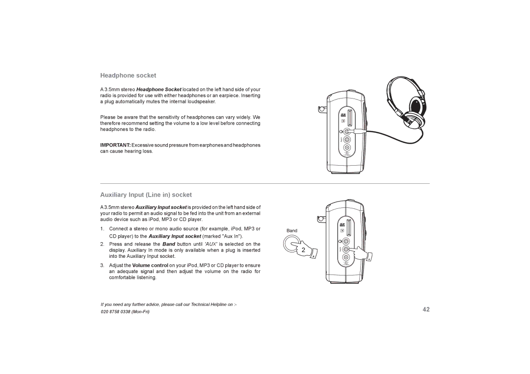 Roberts Radio RecordR manual Headphone socket, Auxiliary Input Line in socket 