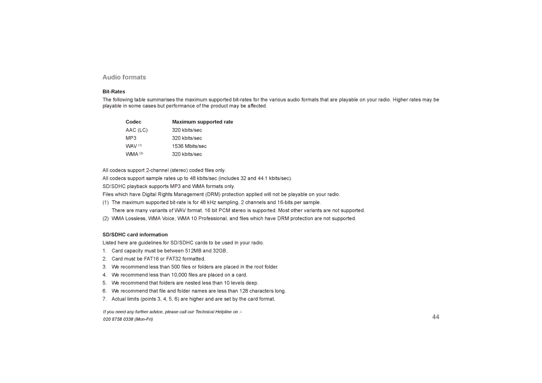 Roberts Radio RecordR manual Audio formats, Bit-Rates 