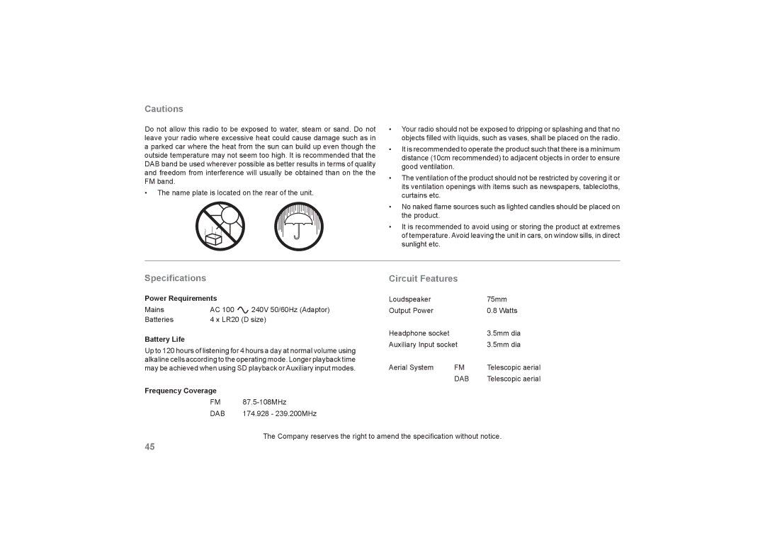 Roberts Radio RecordR manual Speciﬁcations, Circuit Features 