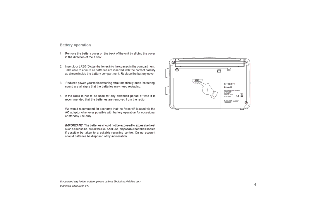 Roberts Radio RecordR manual Battery operation 