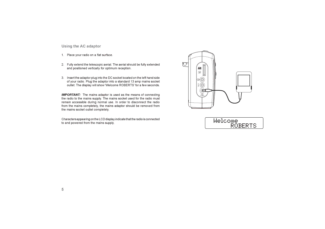 Roberts Radio RecordR manual Using the AC adaptor 