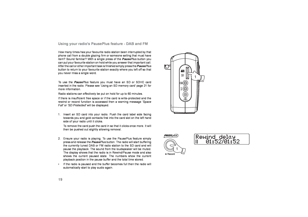 Roberts Radio RecordR manual Using your radios PausePlus feature - DAB and FM 
