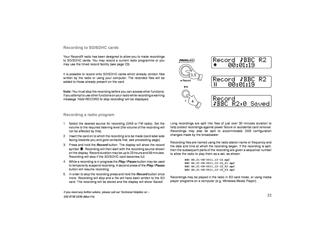 Roberts Radio RecordR manual Recording to SD/SDHC cards, Recording a radio program, 3,5 