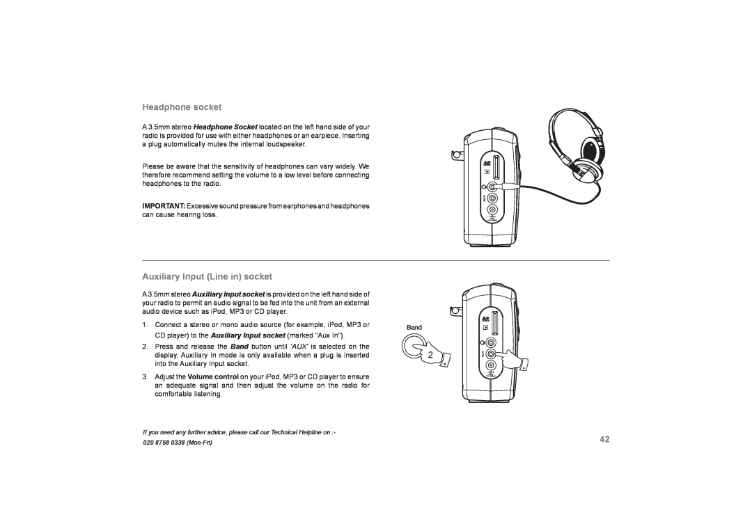 Roberts Radio RecordR manual Headphone socket, Auxiliary Input Line in socket 