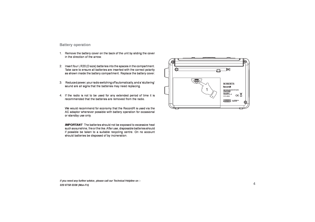 Roberts Radio RecordR manual Battery operation 