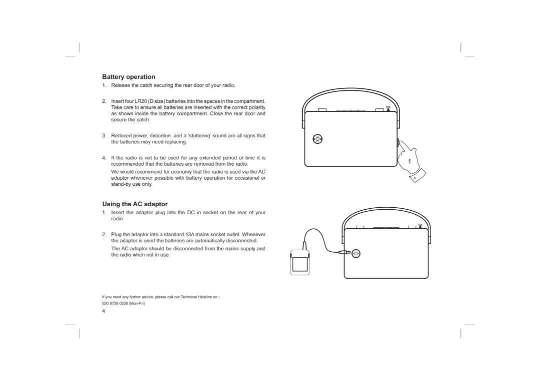 Roberts Radio Revwal manual Battery operation, Using the AC adaptor 