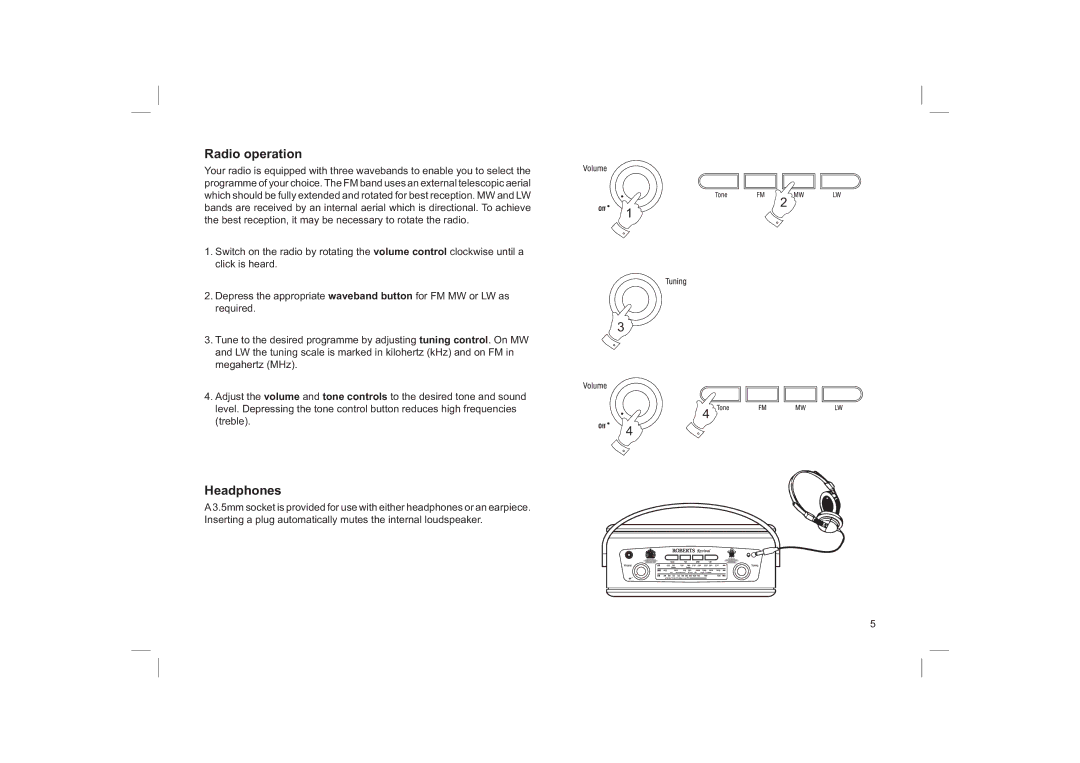 Roberts Radio Revwal manual Radio operation, Headphones 