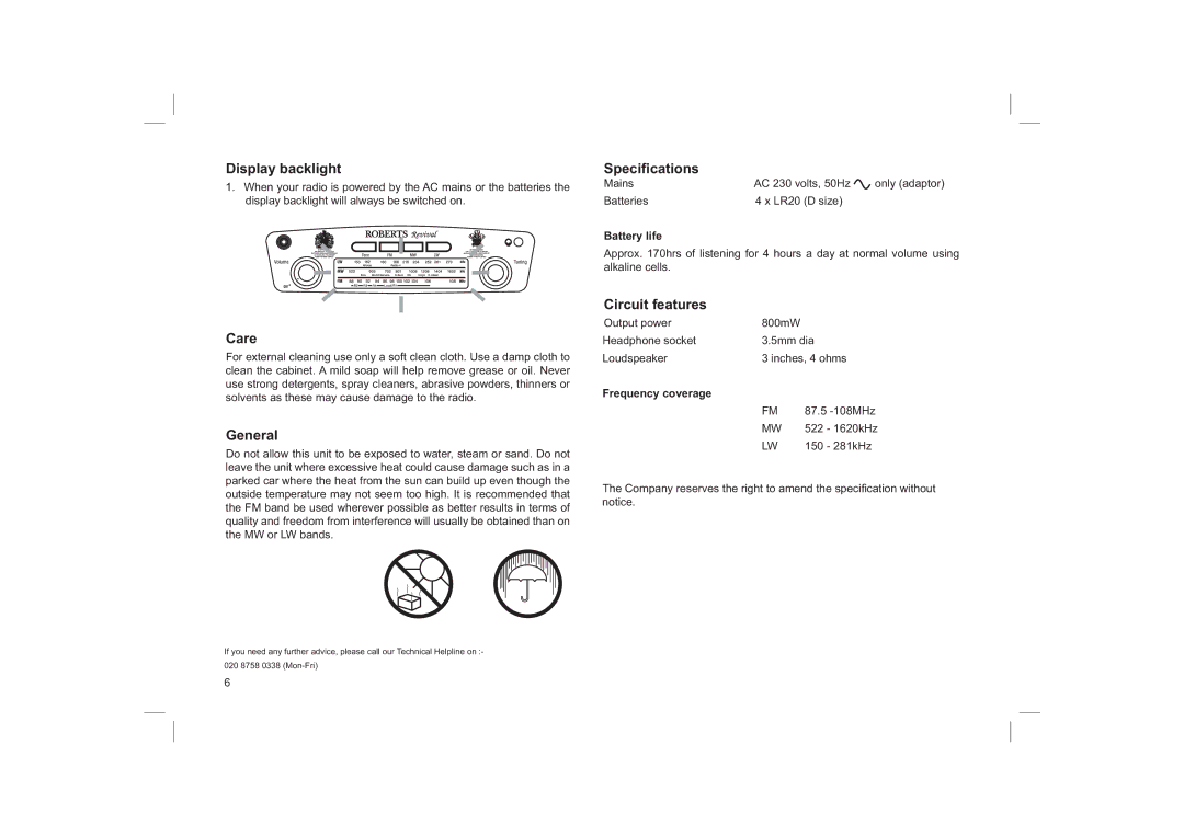 Roberts Radio Revwal manual Display backlight, Care, General, Speciﬁcations, Circuit features 