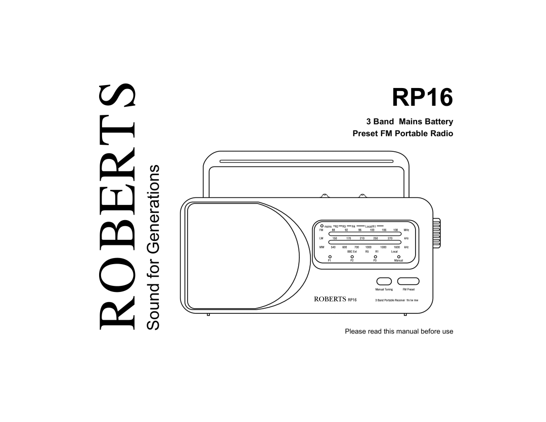 Roberts Radio RP16 manual Band Mains Battery Preset FM Portable Radio, Please read this manual before use 