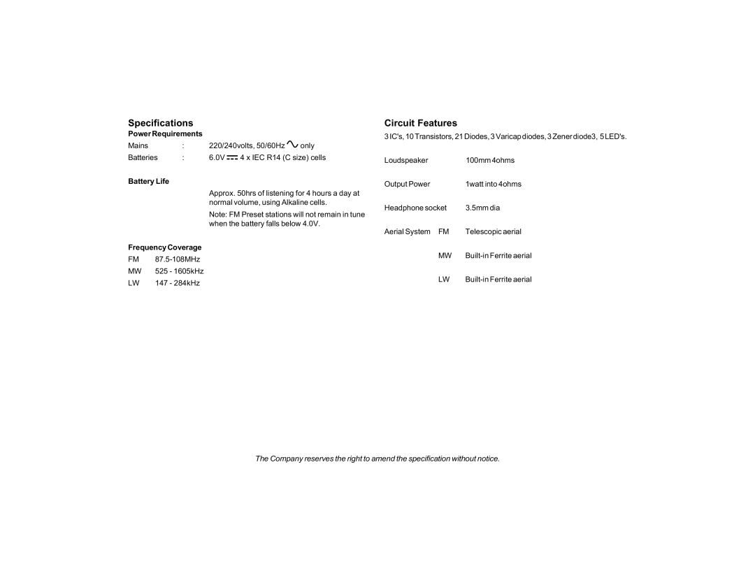 Roberts Radio RP16 manual Specifications, Circuit Features 