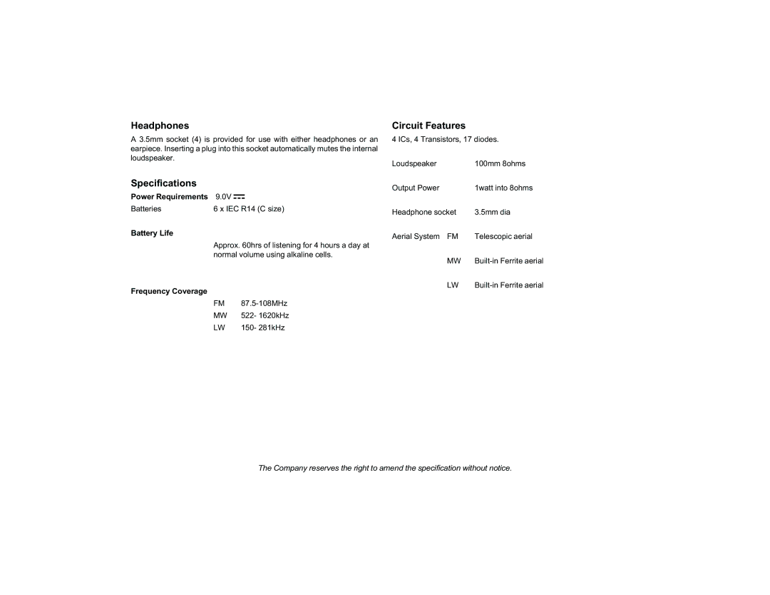 Roberts Radio RP28 manual Headphones, Specifications, Circuit Features 