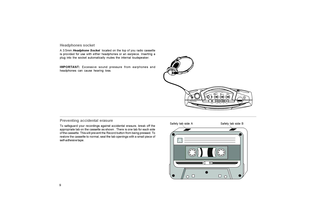 Roberts Radio SC9911 manual Headphones socket, Preventing accidental erasure 