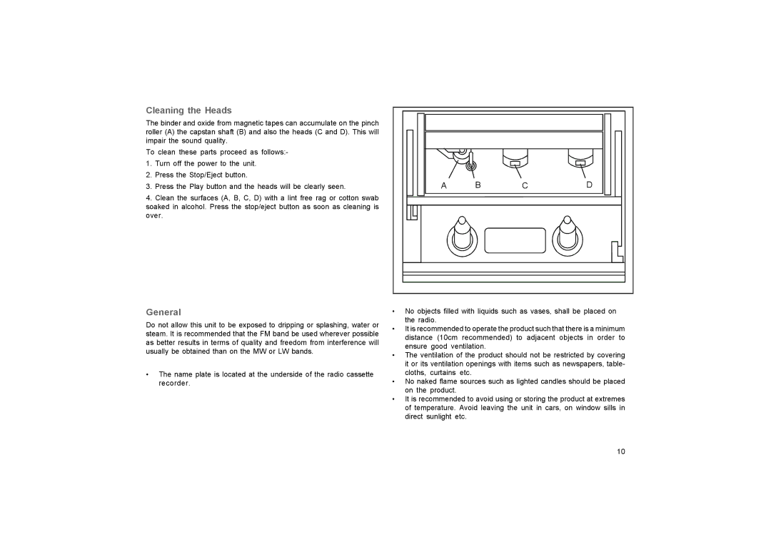 Roberts Radio SC9911 manual Cleaning the Heads, General 