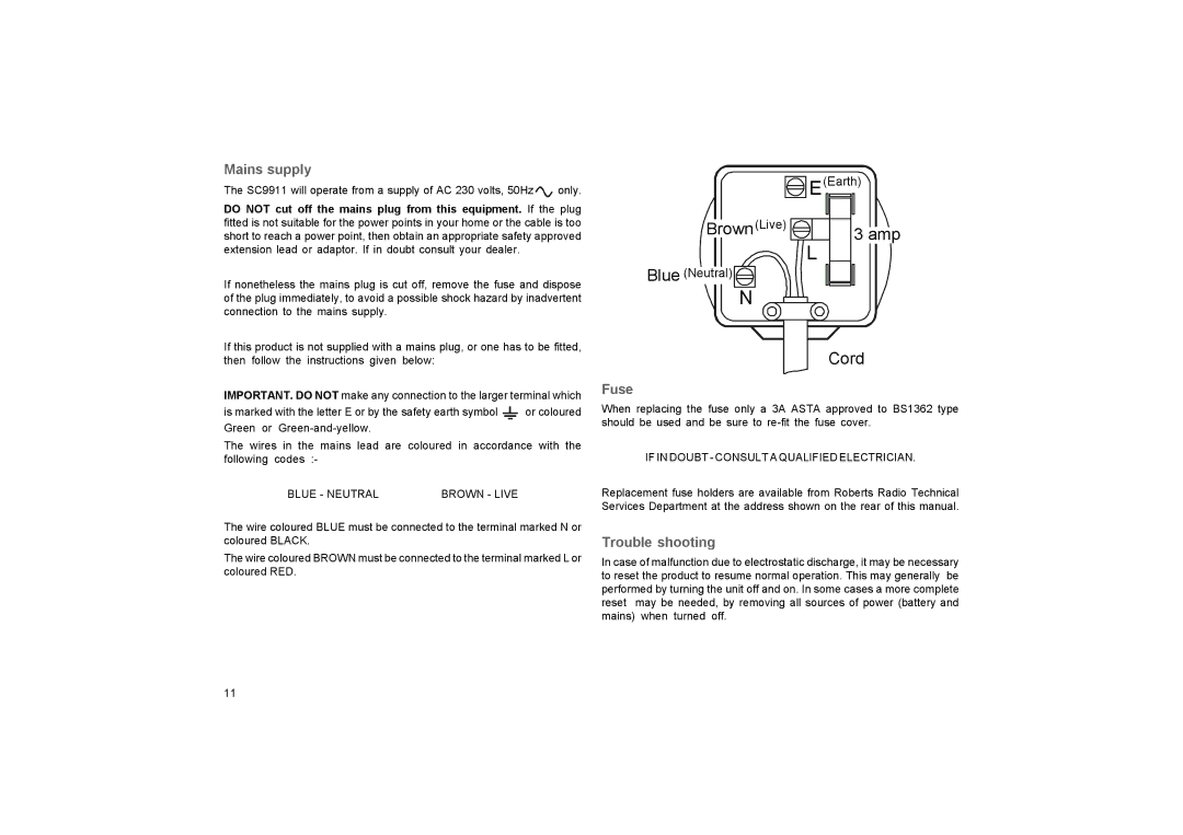 Roberts Radio SC9911 manual Mains supply, Fuse, Trouble shooting 