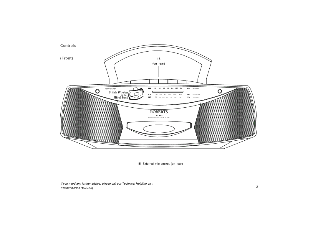 Roberts Radio SC9911 manual Controls Front, On rear 