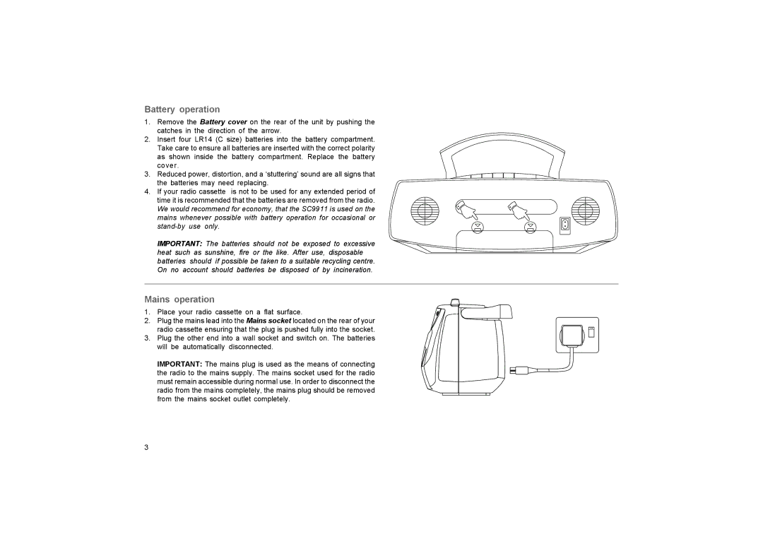 Roberts Radio SC9911 manual Battery operation, Mains operation 