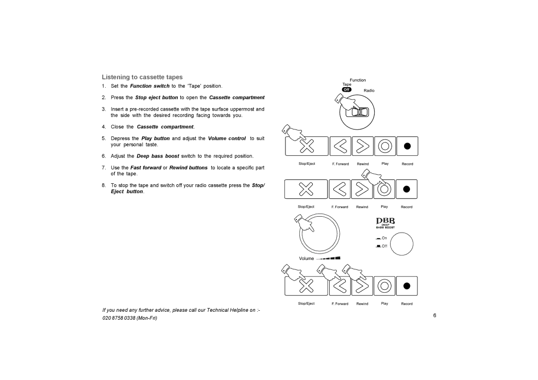 Roberts Radio SC9911 manual Listening to cassette tapes, Close the Cassette compartment 