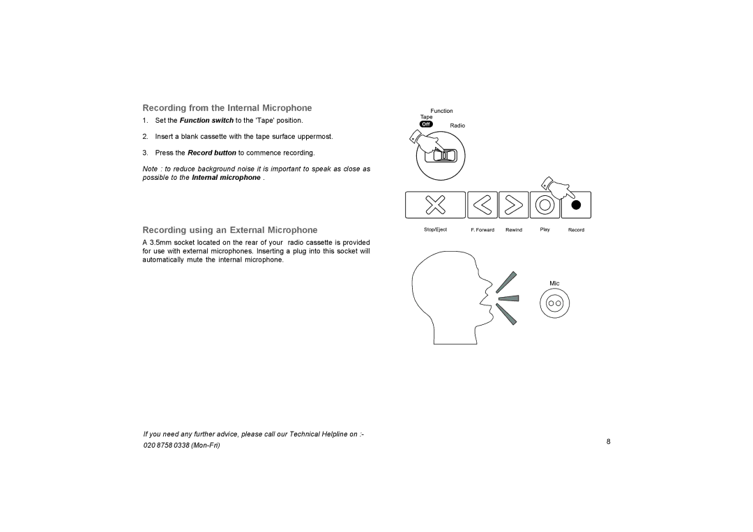 Roberts Radio SC9911 manual Recording from the Internal Microphone, Recording using an External Microphone 