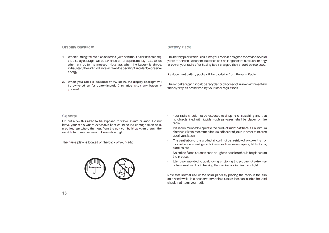 Roberts Radio Solar Powered DAB Radio manual Display backlight Battery Pack, General 