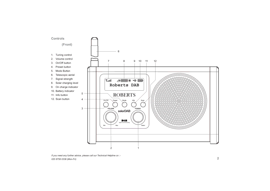 Roberts Radio Solar Powered DAB Radio manual Controls Front 