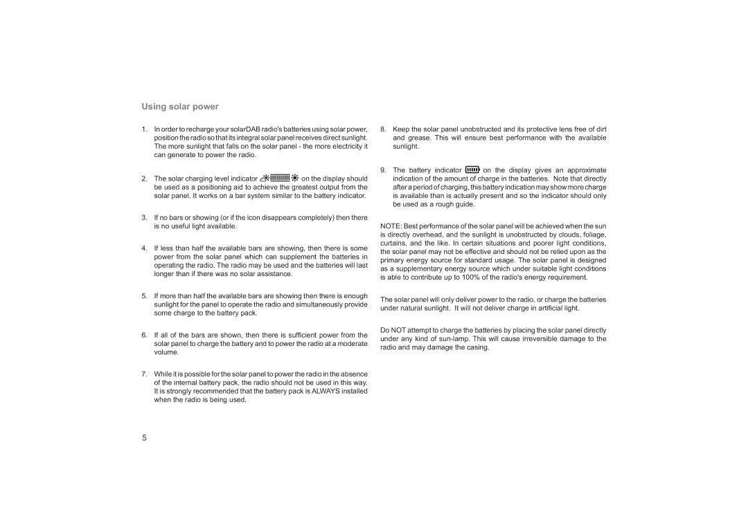 Roberts Radio Solar Powered DAB Radio manual Using solar power 