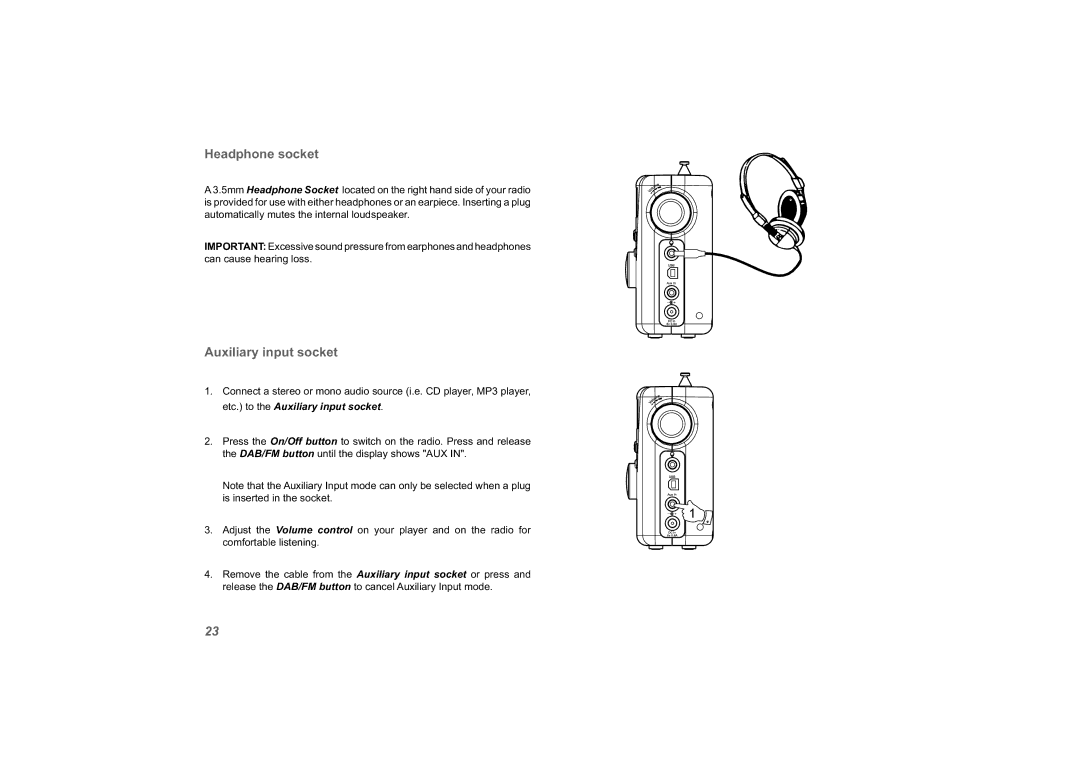 Roberts Radio solarDAB 2 manual Headphone socket, Auxiliary input socket 