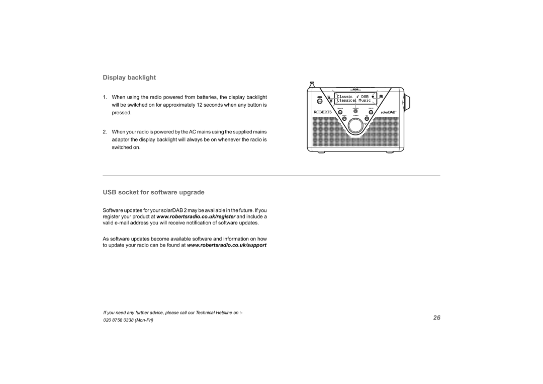 Roberts Radio solarDAB 2 manual Display backlight, USB socket for software upgrade 