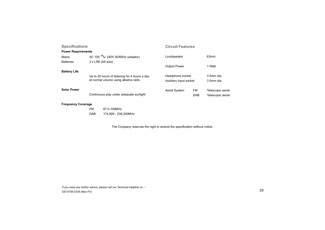 Roberts Radio solarDAB 2 manual Speciﬁcations, Circuit Features 