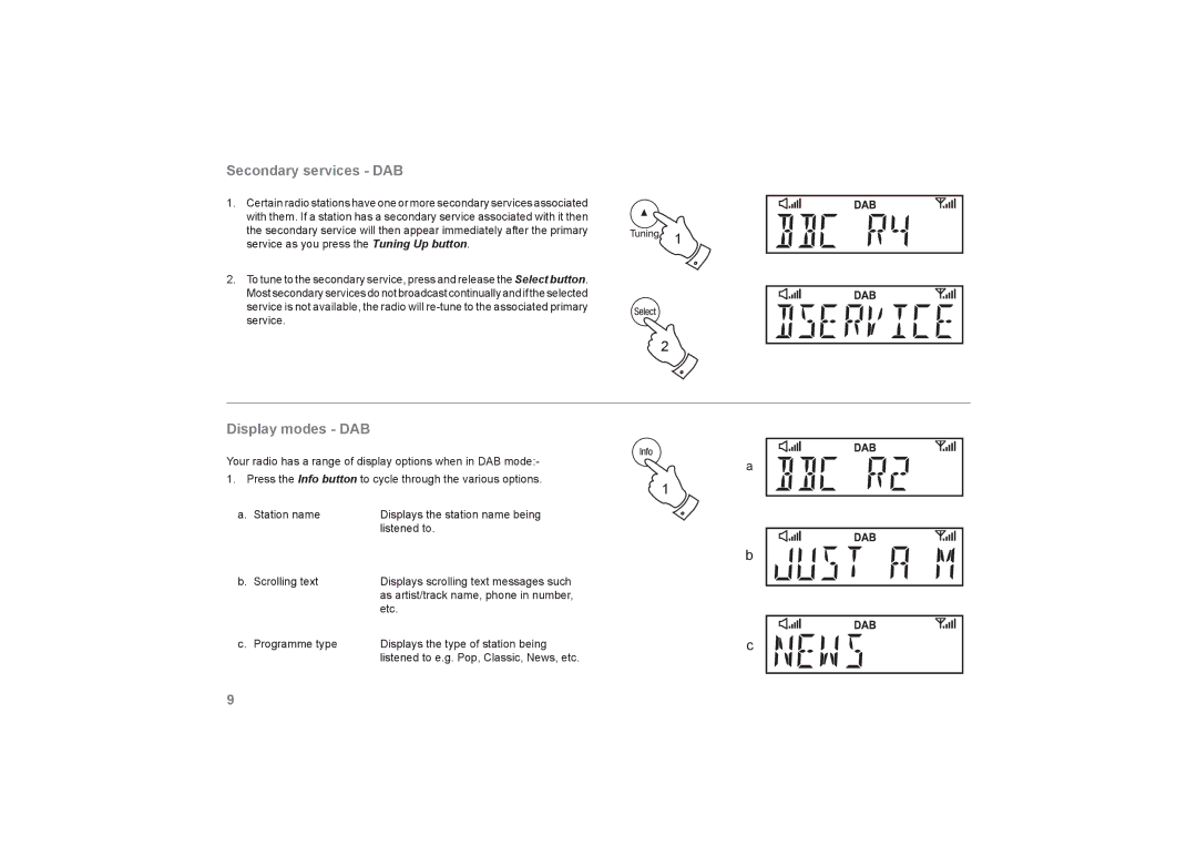 Roberts Radio SOUND66 manual Secondary services DAB, Display modes DAB 