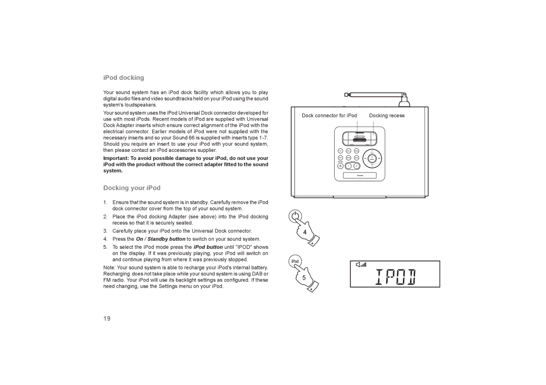 Roberts Radio SOUND66 manual IPod docking, Docking your iPod 