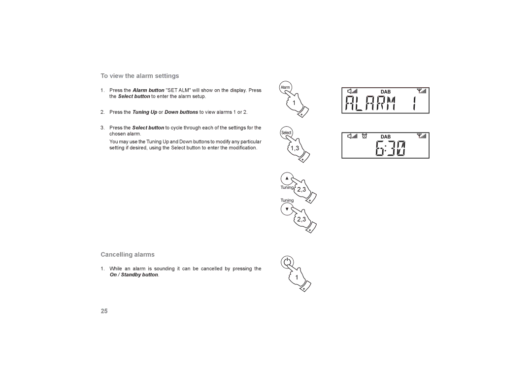 Roberts Radio SOUND66 manual To view the alarm settings, Cancelling alarms 