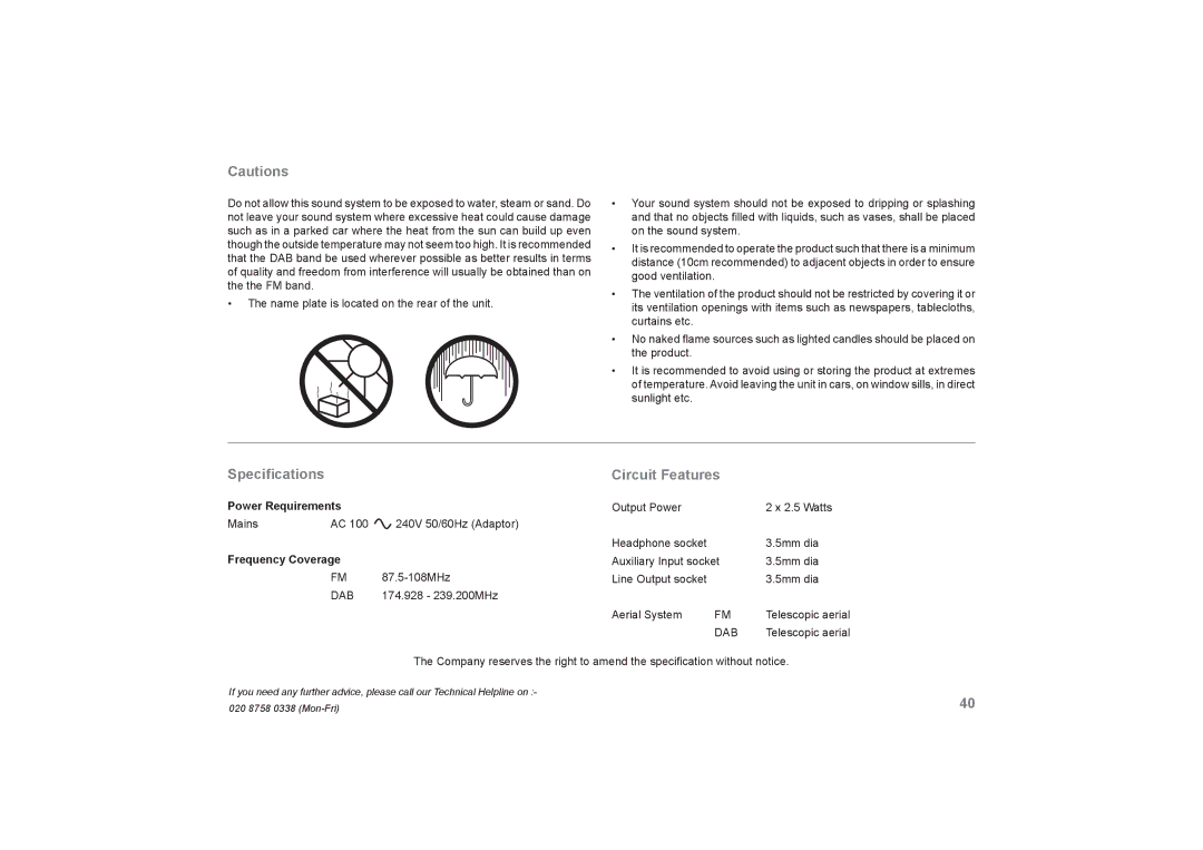 Roberts Radio SOUND66 manual Speciﬁcations Circuit Features, Frequency Coverage 