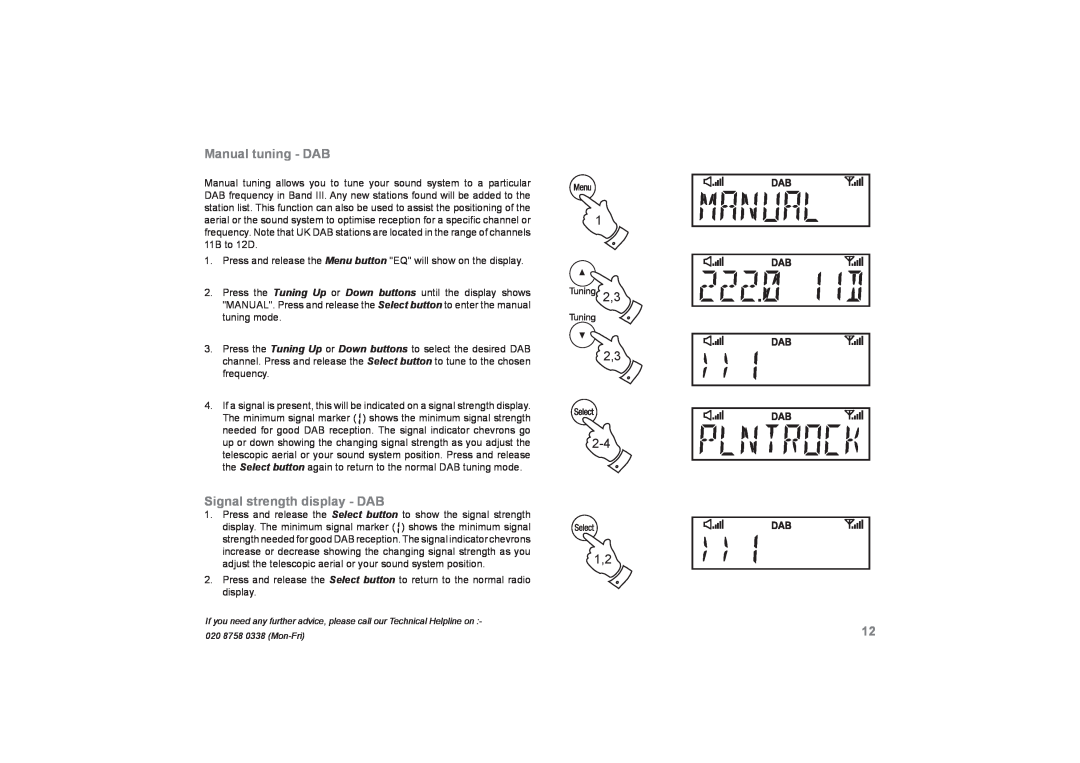 Roberts Radio SOUND66 manual Manual tuning - DAB, Signal strength display - DAB, 1 2,3 2,3 2-4 1,2 
