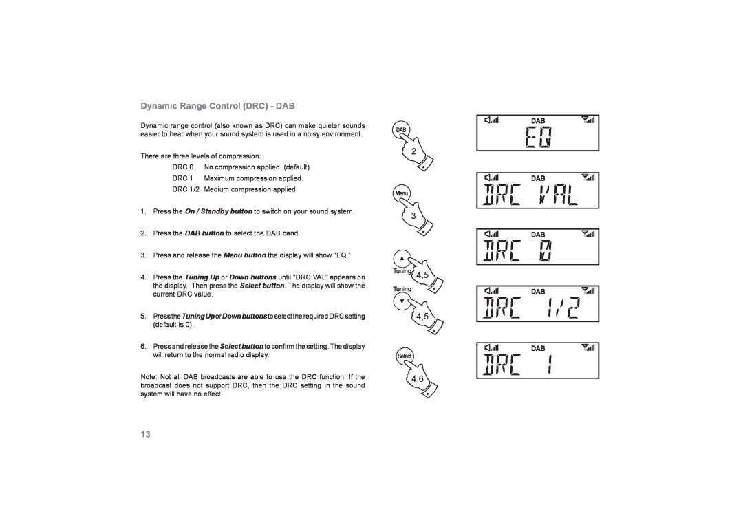 Roberts Radio SOUND66 manual Dynamic Range Control DRC - DAB, 2 3 4,5 4,5 4,6 