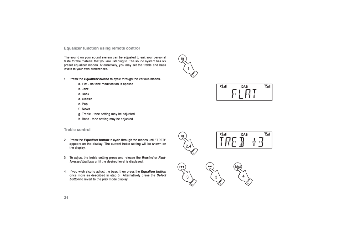 Roberts Radio SOUND66 manual Equalizer function using remote control, Treble control, 1 2,4 