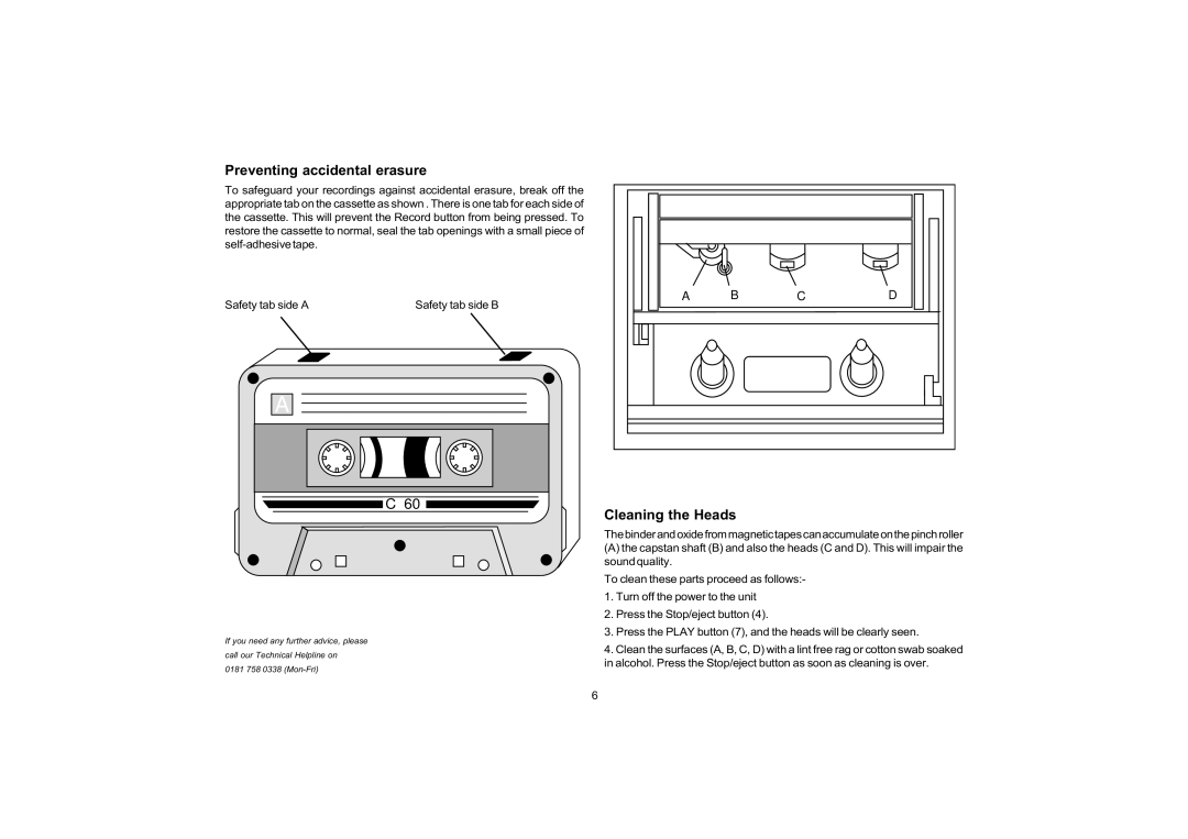 Roberts Radio SRC955 manual Preventing accidental erasure, Cleaning the Heads 