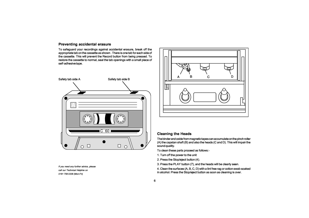 Roberts Radio SRC955 manual Preventing accidental erasure, Cleaning the Heads, A B Cd 