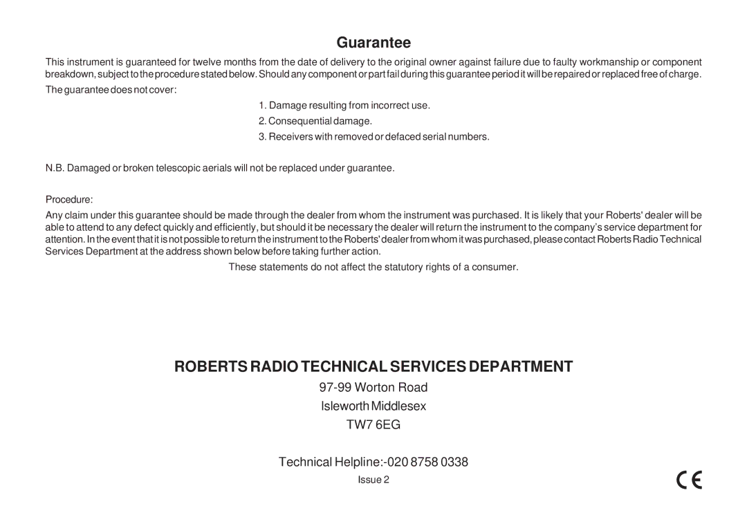 Roberts Radio SRC985 manual Guarantee 