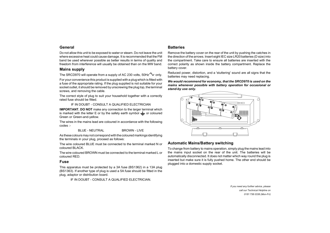 Roberts Radio SRCD970 manual General, Mains supply, Fuse, Batteries, Automatic Mains/Battery switching 