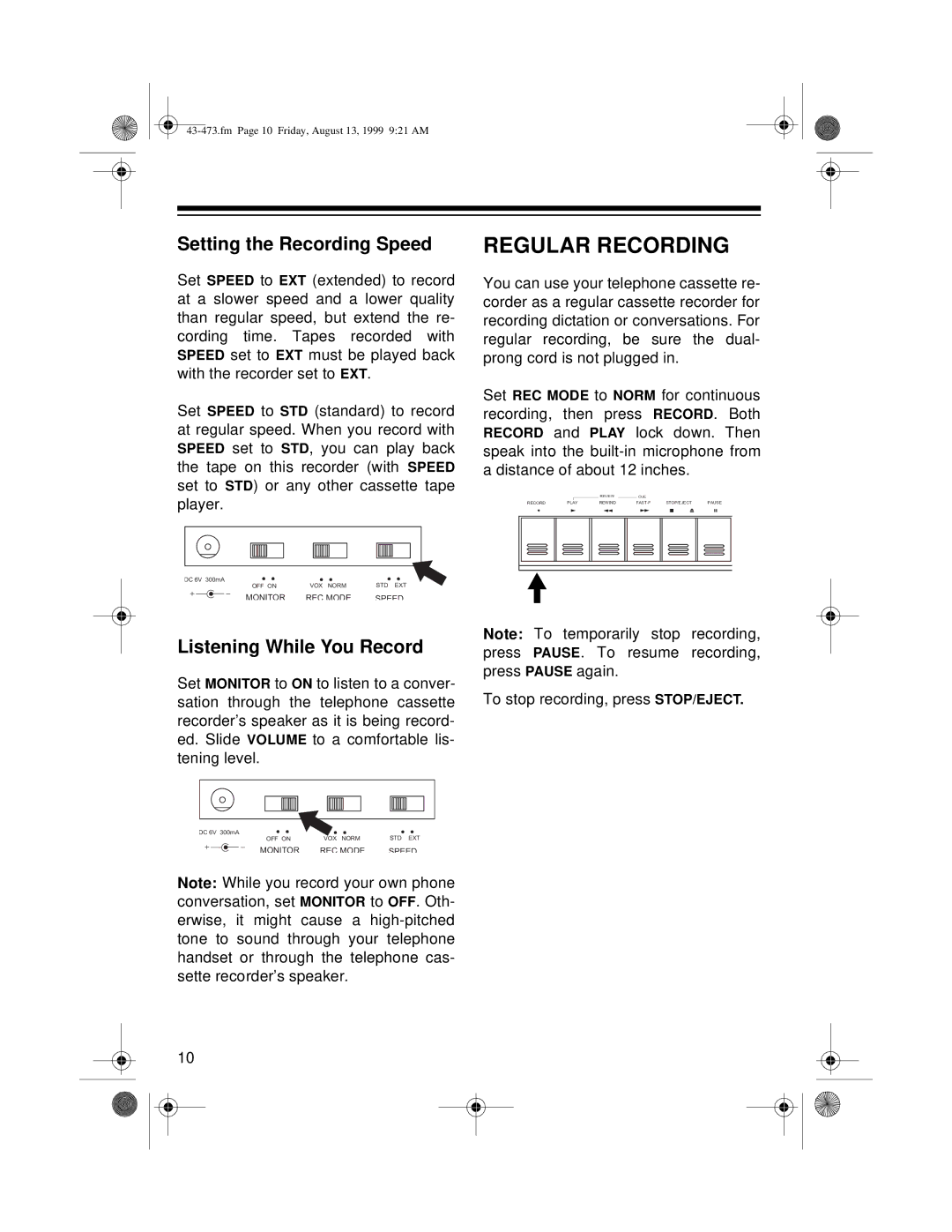 Roberts Radio TCR-200 owner manual Regular Recording, Setting the Recording Speed, Listening While You Record 